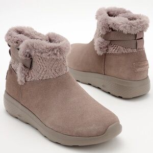 New Skechers On The Go City 2 Cozy Vibe Boots Booties Women's Taupe Faux Fur